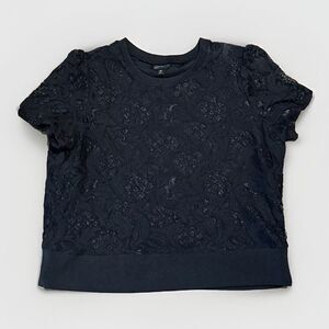 Worthington Black Lace Puff-Sleeve Top Blouse Women Size XL Crew Neck